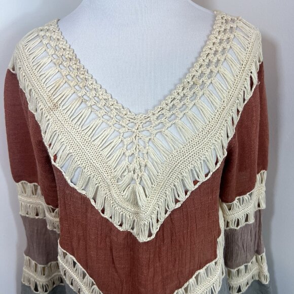 Crochet Tunic Top Shirt Sz M 100% Cotton Boho Color Block Long Slv Flowy Western - Picture 8 of 14